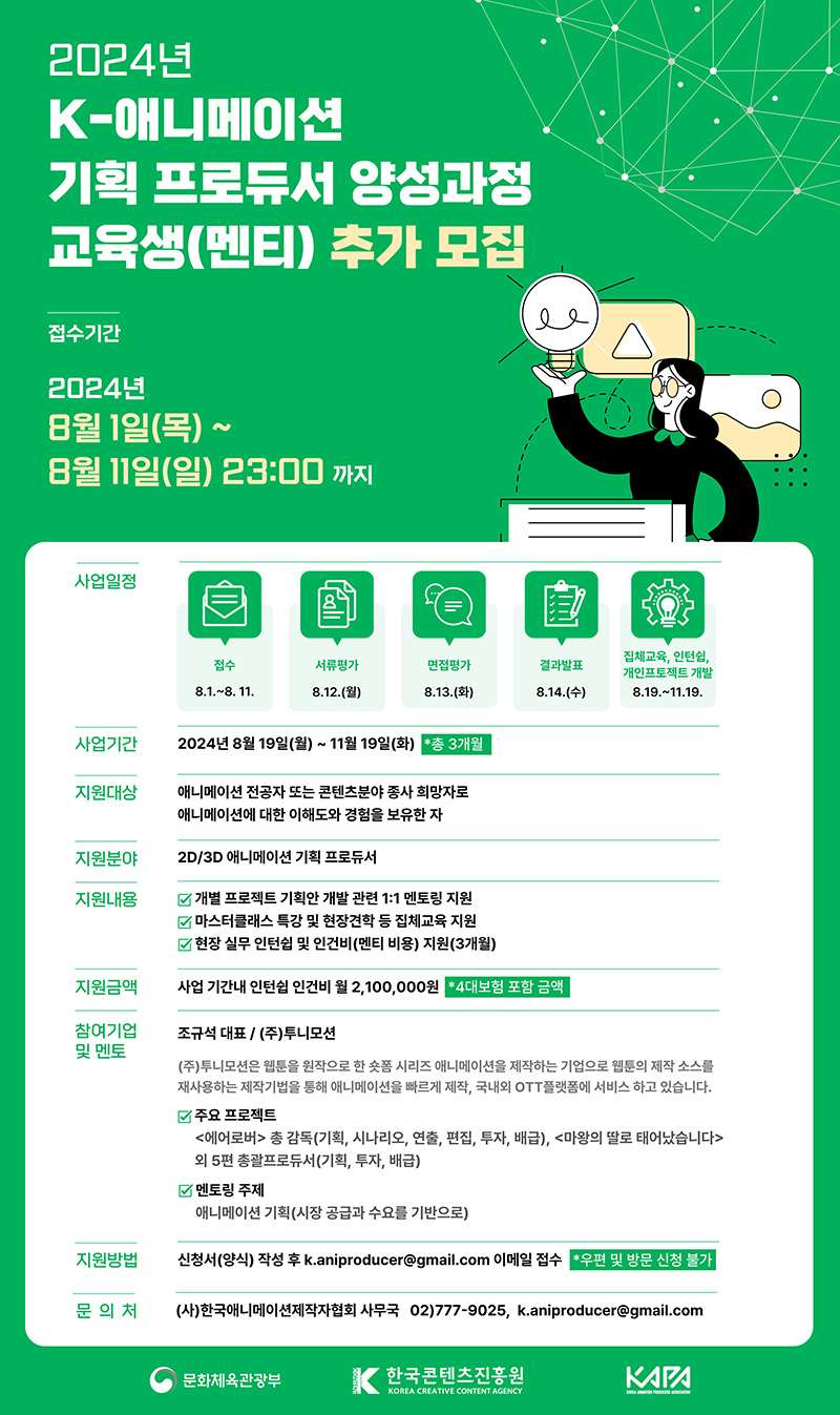 2024년 K-애니메이션 기획 프로듀서양성과정 교육생(멘티) 추가 모집 | 접수기간 | 2024년 8월 1일(목) ~ 8월 11일(일) 23:00 까지 | 사업일정 | 접수 8.1.~8. 11. | 서류평가 8.12.(월) | 면접평가 8.13.(화) | 결과발표 8.14.(수) | 집체교육, 인턴쉽, 개인프로젝트 개발 8.19.-11.19. | 사업기간 | 2024년 8월 19일(월) ~ 11월 19일(화) *총 3개월 | 지원대상 | 애니메이션 전공자 또는 콘텐츠분야 종사 희망자로 애니메이션에 대한 이해도와 경험을 보유한 자 | 지원분야 | 2D/3D 애니메이션 기획 프로듀서 | 지원내용 | ·개별 프로젝트 기획안 개발 관련 1:1 멘토링 지원 ·마스터클래스 특강 및 현장견학 등 집체교육 지원 ·현장 실무 인턴쉽 및 인건비(멘티 비용) 지원(3개월) | 지원금액 | 사업 기간내 인턴쉽 인건비 월 2,100,000원 *4대보험 포함 금액 | 참여기업 및 멘토 | 조규석 대표/ (주)투니모션 (주)투니모션은 웹툰을 원작으로 한 숏폼 시리즈 애니메이션을 제작하는 기업으로 웹툰의 제작소스를 재사용하는 제작기법을 통해 애니메이션을 빠르게 제작, 국내외 OTT 플랫폼에 서비스 하고 있습니다. ·주요 프로젝트 <에어로버>총 감독(기획, 시나리오, 연출, 편집, 투자, 배급), <마왕의 딸로 태어났습니다> 외 5편 총괄프로듀서(기획, 투자, 배급) · 멘토링 주제 애니메이션 기획(시장 공급과 수요를 기반으로) | 지원방법 | 신청서(양식) 작성 후 k.aniproducer@gmail.com 이메일 접수 *우편 및 방문 신청 불가 | 문의처 | (사)한국애니메이션제작자협회 사무국 02)777-9025, k.aniproducer@gmail.com | 문화체육관광부(로고) | 한국콘텐츠진흥원/KOREA CREATIVE CONTENT AGENCY(로고) | KAPA(로고)