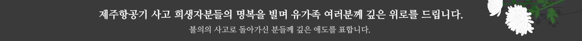 제주항공기 사고 희생자분들의 명복을 빌며 유가족 여러분께 깊은 위로를 드립니다.
불의의 사고로 돌아가신 분들께 깊은 애도를 표합니다.