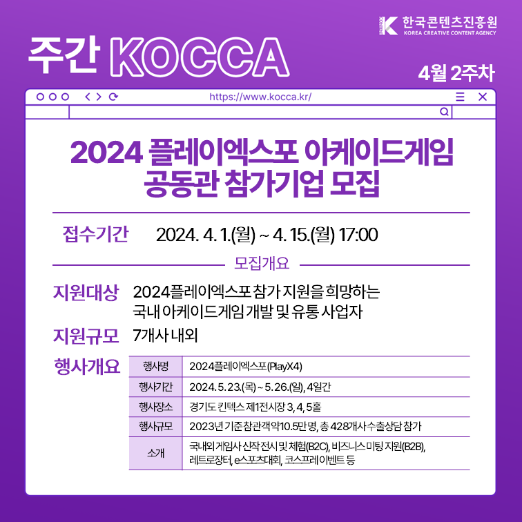한국콘텐츠진흥원 KOREA CREATIVE CONTENT AGENCY (로고)
주간 KOCCA 4월 2주차
https://www.kocca.kr/
2024 플레이엑스포 아케이드게임 공동관 참가기업 모집
1. 접수기간: 2024. 4. 1. (월) ~ 4. 15.(월) 17:00
2. 모집개요
 1) 지원대상: 2024플레이엑스포 참가 지원을 희망하는 국내 아케이드 개발 및 유통 사업자
 2) 지원규모: 7개사 내외
 3) 행사개요
 -행사명: 2024플레이엑스포(Playx4)
 -행사기간: 2024. 5. 23.(목)~ 5. 26.(일), 4일간
 -행사장소: 경기도 킨텍스 제1전시장 3,4,5홀
 -행사규모: 2023년 기준 약 10.5만 명, 총428개사 수출상담 참가
 -소개: 국내외 게임사 신작 전시 및 체험(B2C), 비즈니스 미팅 지원(B2B), 레트로장터, e스포츠대회, 코스프레 이벤트 등 