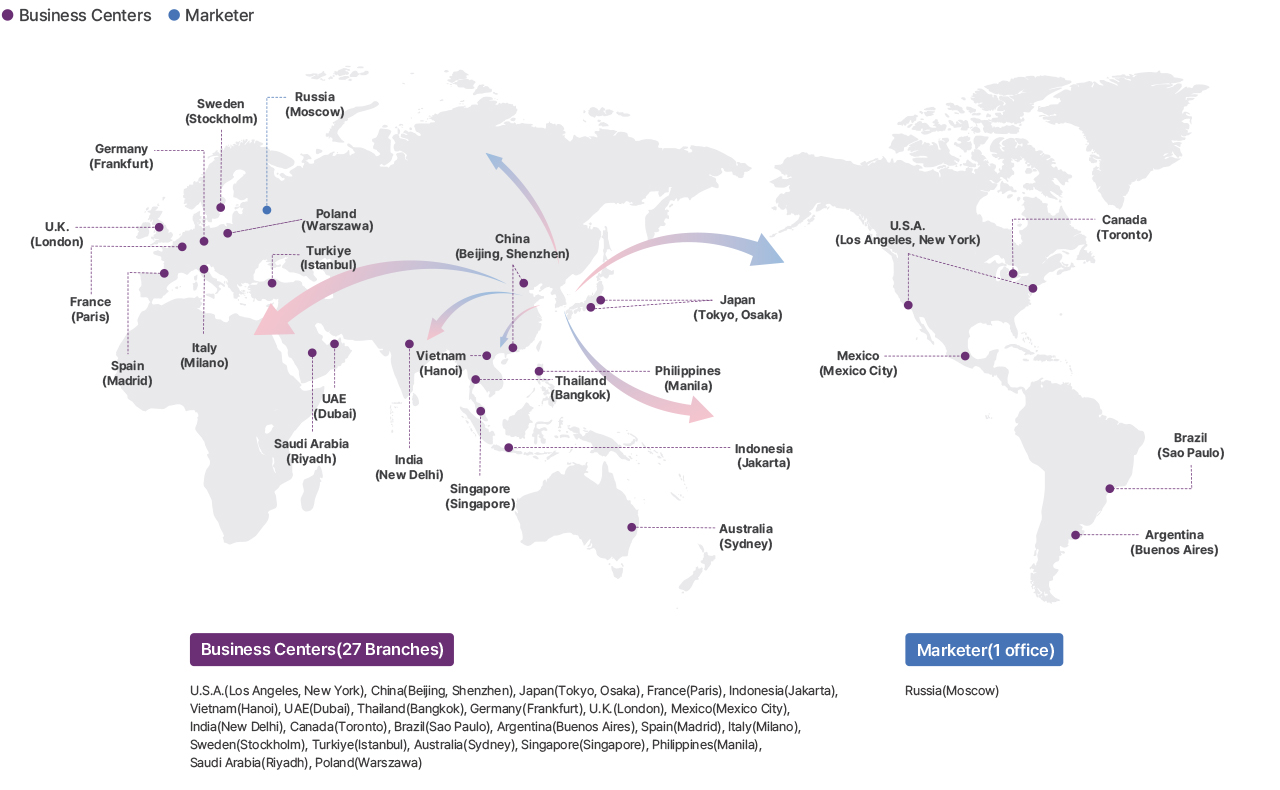 Business Centers(27 Branches) : U.S.A.(Los Angeles, New York), China(Beijing, Shenzhen), Japan(Tokyo, Osaka), France(Paris), Indonesia(Jakarta), Vietnam(Hanoi), UAE(Dubai), Thailand(Bangkok), Germany(Frankfurt), U.K.(London), Mexico(Mexico City), India(New Delhi), Canada(Toronto), Brazil(Sao Paulo), Argentina(Buenos Aires), Spain(Madrid), Italy(Milano), Sweden(Stockholm), Turkiye(Istanbul), Australia(Sydney), Singapore(Singapore), Philippines(Manila), Saudi Arabia(Riyadh), Poland(Warszawa) / Marketer(1 office) : Russia(Moscow)